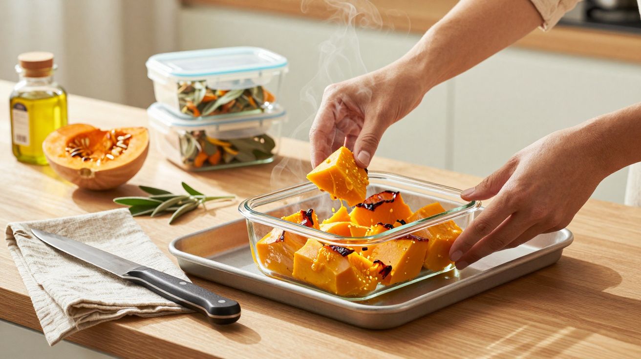 Mãos colocando pedaços de abóbora cozida num recipiente de vidro sobre uma bancada, com faca e abóbora ao lado.