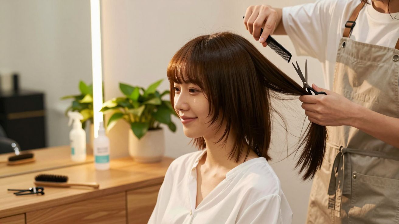 Mulher a sorrir enquanto cabeleireiro corta seu cabelo castanho num salão iluminado e decorado com plantas.