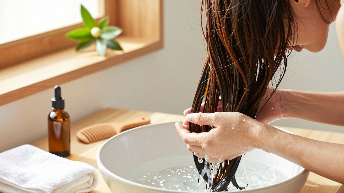 Mulher lavando o cabelo em bacia, toalha e pente ao lado, frasco de óleo e planta decorativa ao fundo.