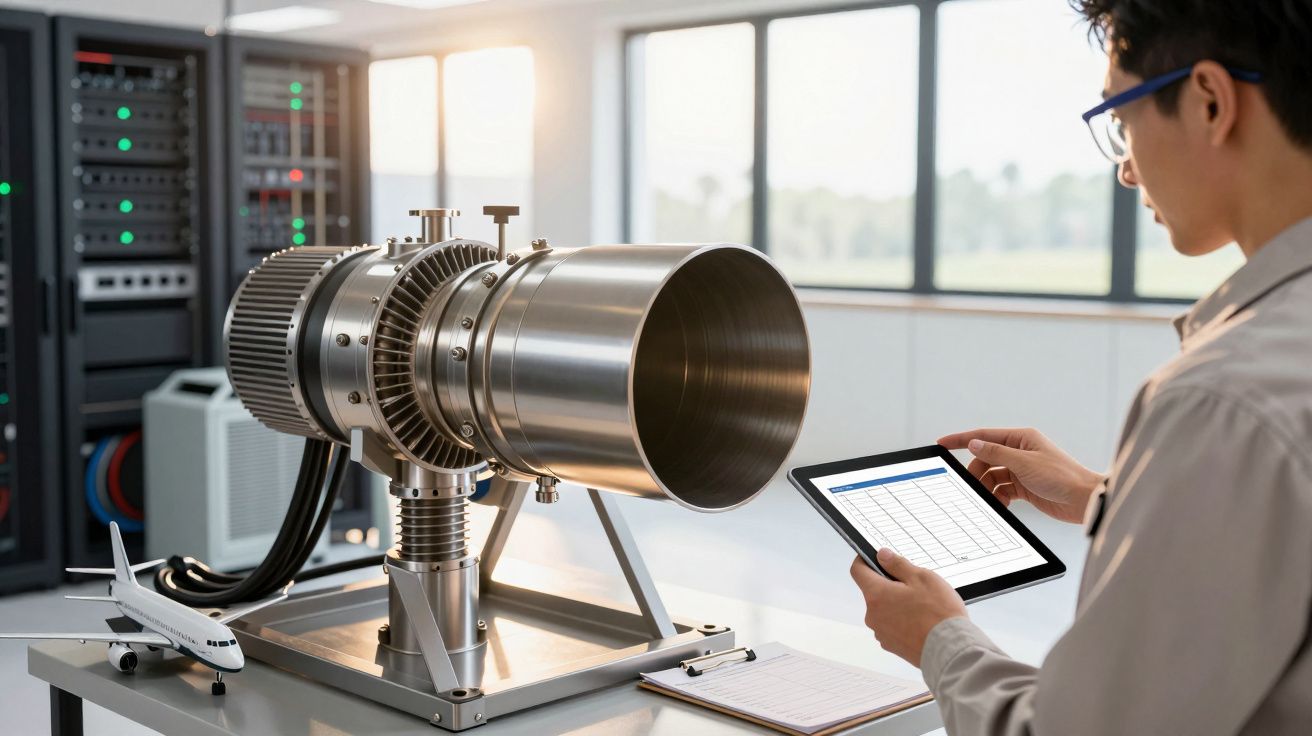 Engenheiro analisa dados em tablet ao lado de modelo de motor a jato numa sala de controle com turbina e servidor.
