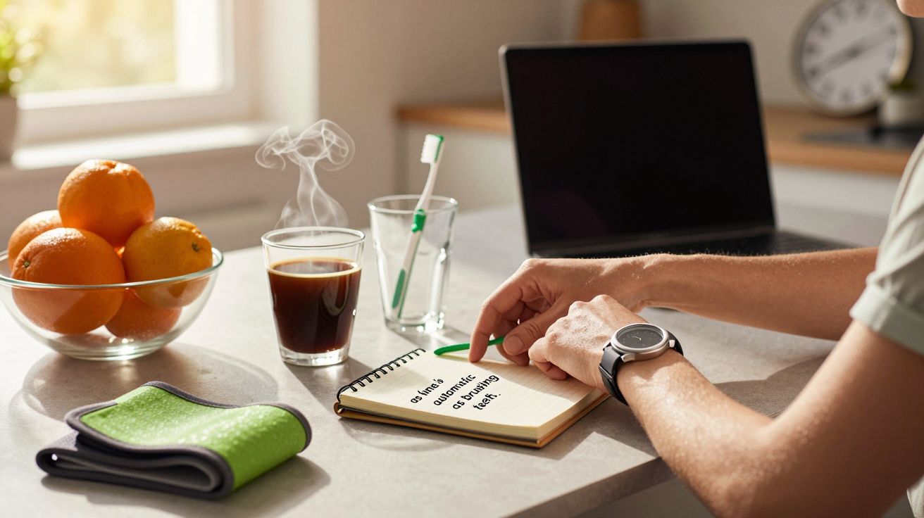 Pessoa escreve numa agenda ao lado de café, laranjas e computador numa cozinha iluminada pelo sol.