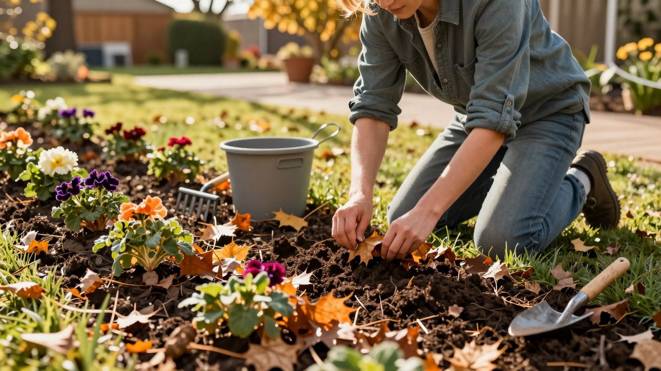 Pessoa a jardinar, plantando flores coloridas num jardim com folhas de outono. Balde e ferramentas ao lado.