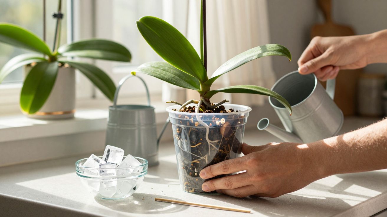 Mãos regando orquídea em vaso transparente com regador metálico, ao lado de uma taça com cubos de gelo, numa bancada.