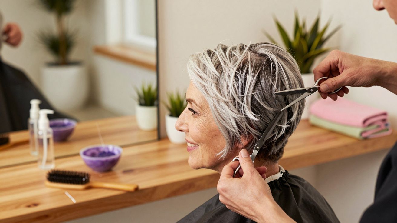 Mulher idosa sorrindo enquanto cabeleireiro corta seu cabelo curto e grisalho em salão moderno.