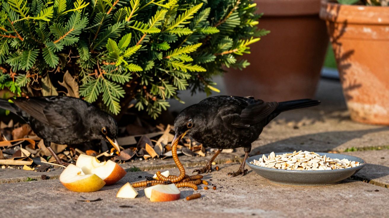 Dois melros pretos comem maçã e minhocas numa varanda, com um prato de sementes ao lado.