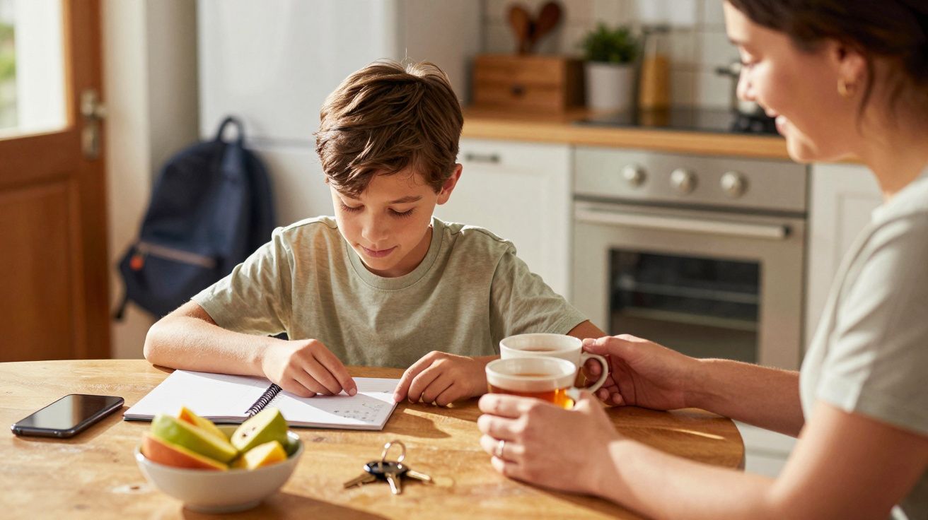 Criança a fazer trabalhos de casa na cozinha enquanto um adulto segura uma caneca ao lado de uma taça de fruta.