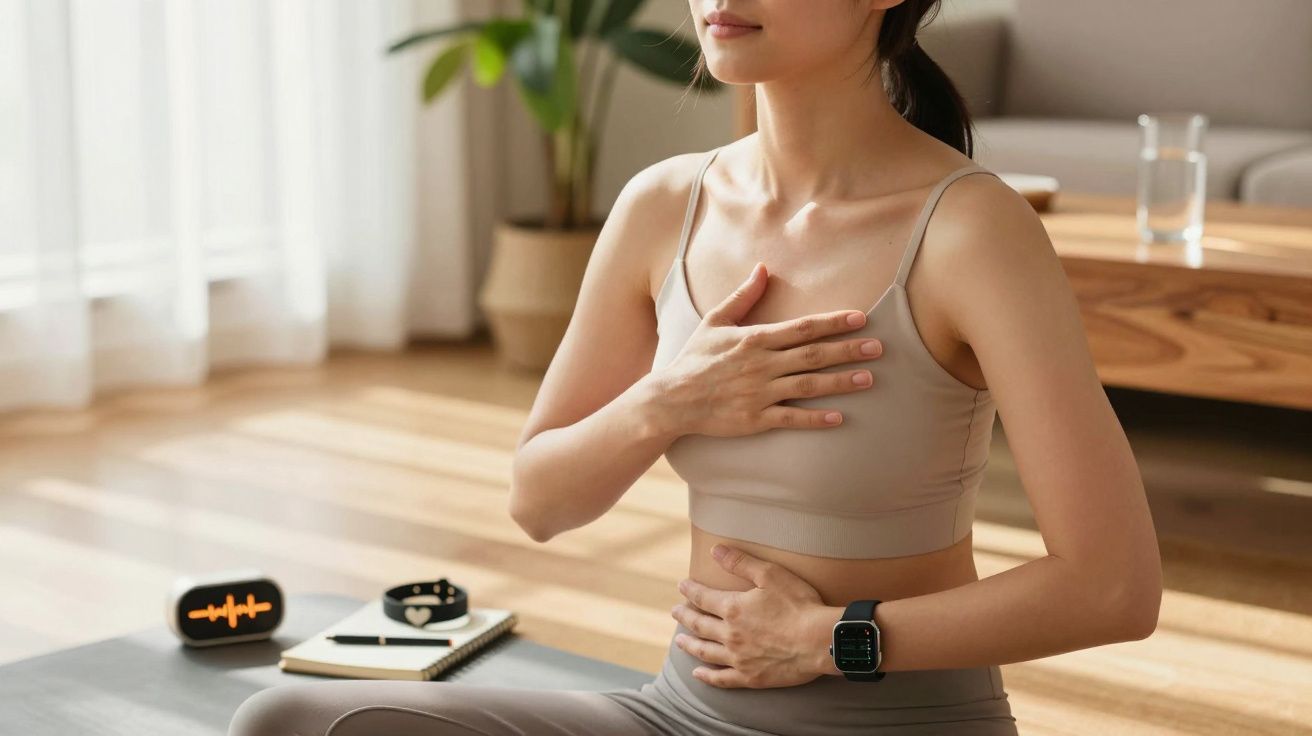 Mulher meditando em casa, vestindo roupa desportiva, com uma mão no peito e outra no abdómen, cercada por tecnologia.