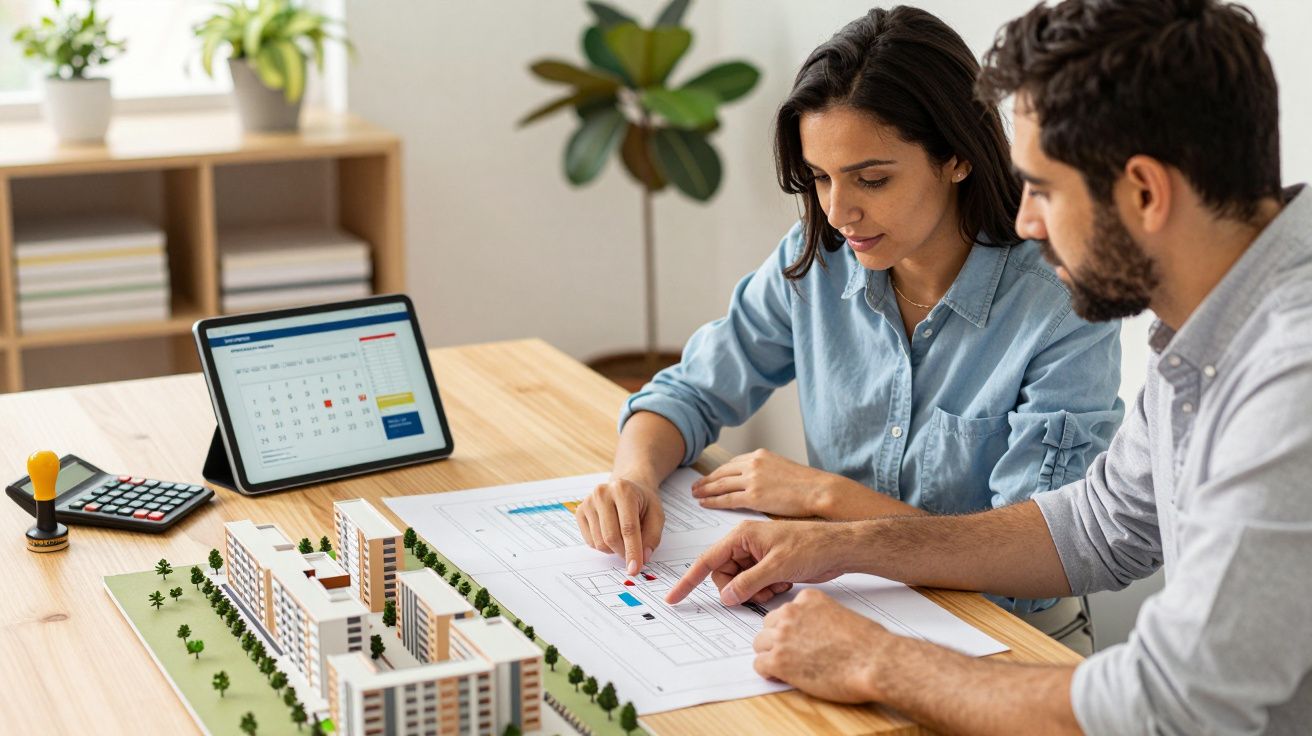 Duas pessoas analisam plantas de arquitetura numa mesa com maqueta e tablet ao lado.