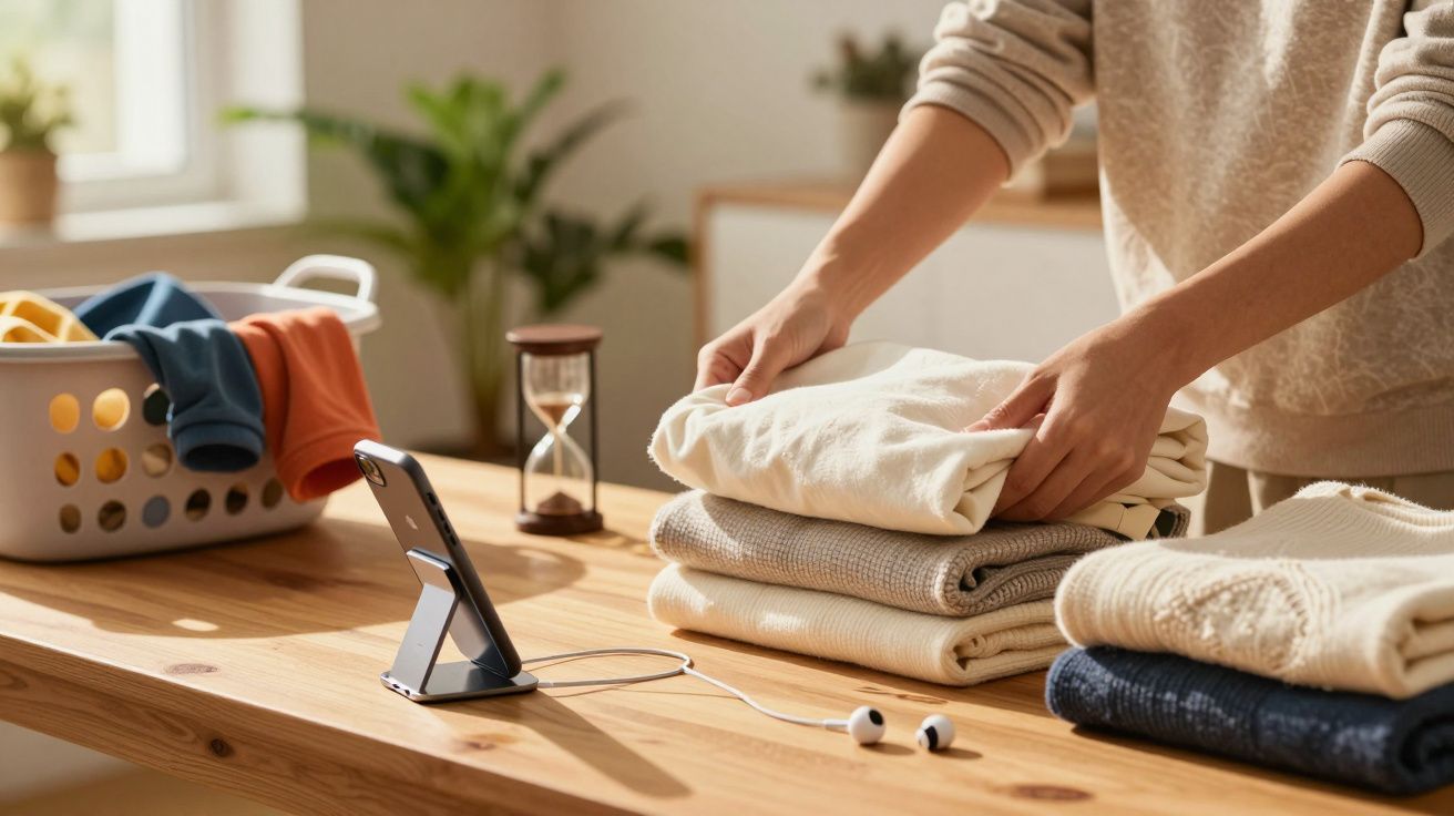 Pessoa a dobrar roupa na mesa com telemóvel, auscultadores e ampulheta ao lado. Cesto de roupa à esquerda.