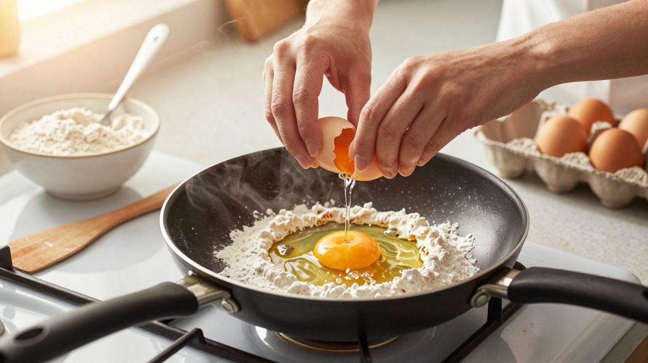 Mãos quebrando ovo numa frigideira com farinha, num fogão, ao lado de tigela com farinha e caixa de ovos.