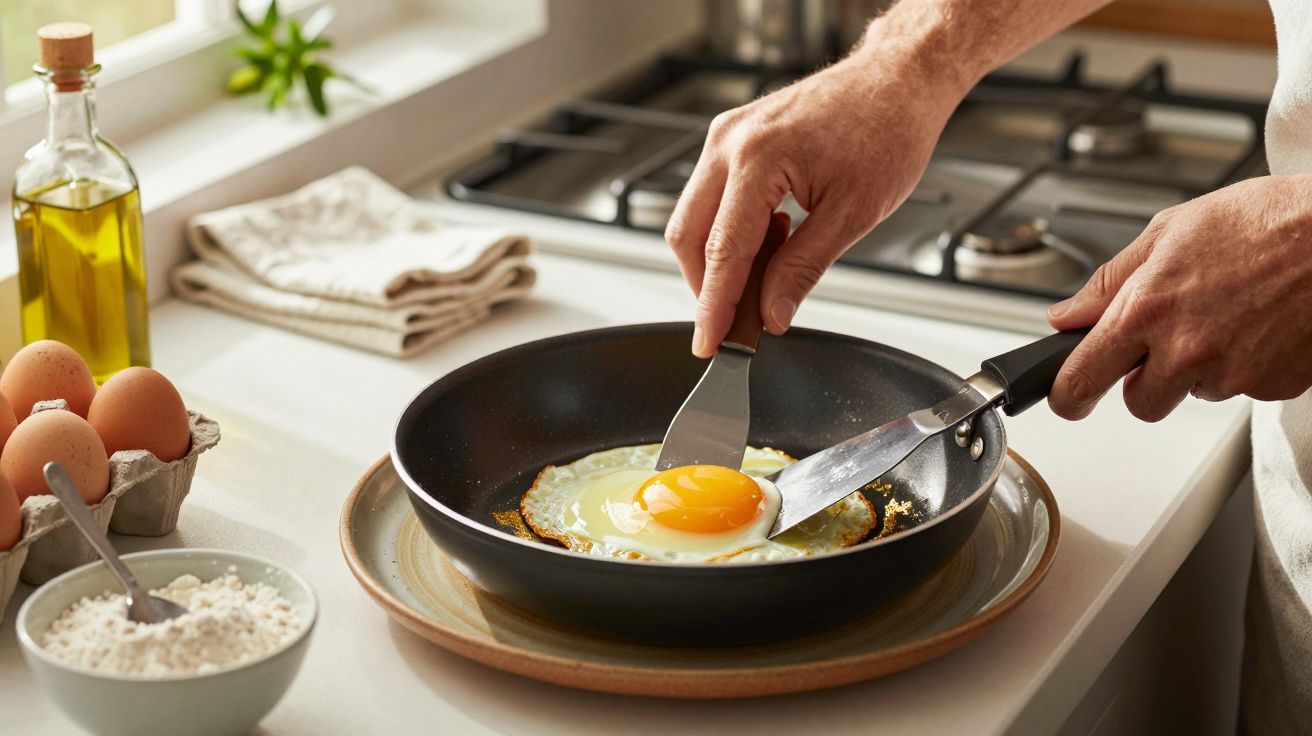 Pessoa a fritar um ovo numa frigideira no fogão, com ingredientes ao lado.
