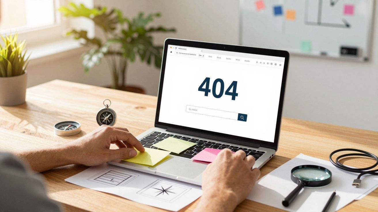 Pessoa a usar portátil com mensagem de erro 404 no ecrã, rodeado de notas adesivas e uma lupa na mesa.