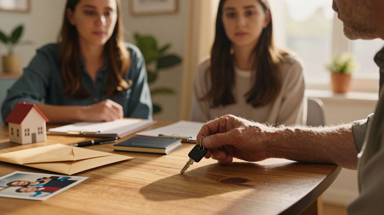Duas mulheres e um homem numa mesa, com maquete de casa, documentos e foto. Homem segura uma chave.