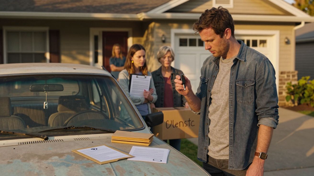 Homem em frente a carro antigo com documentos, três mulheres ao fundo perto de casa com caixa de papelão.