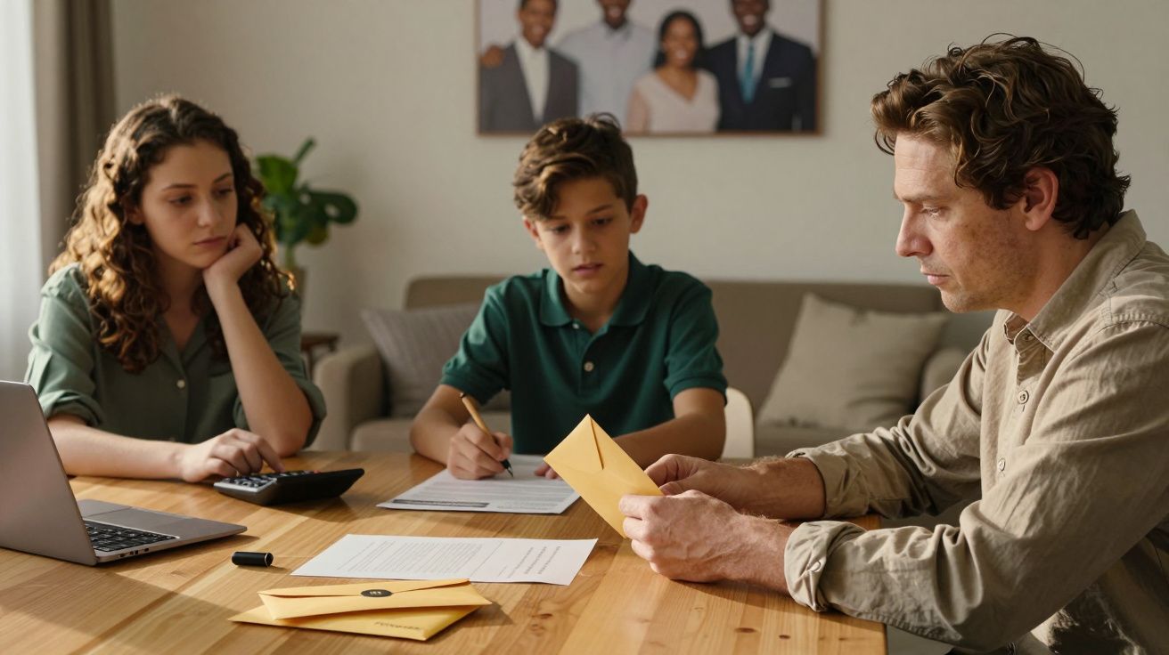 Família sentada à mesa revendo documentos e cartas, com um portátil e calculadora sobre a mesa.