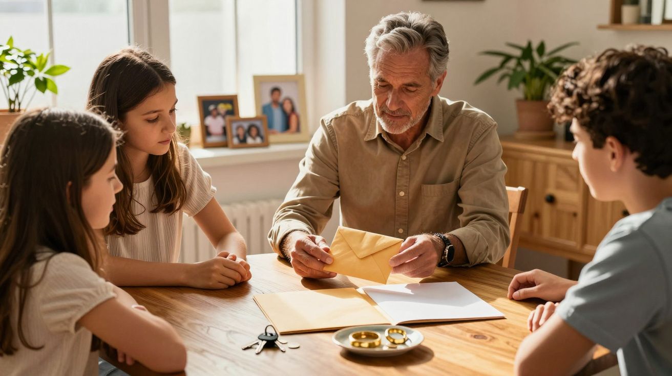 Homem idoso mostra envelope a três crianças sentadas à mesa. há documentos, chave e anéis sobre a mesa.