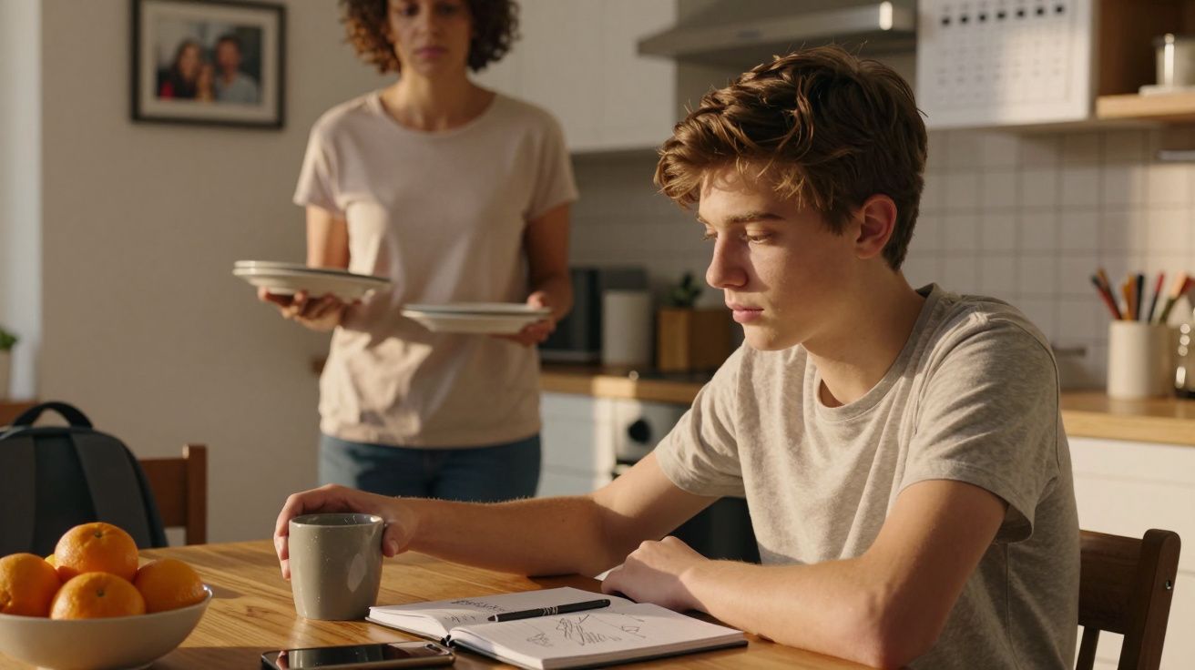 Adolescente sentado à mesa da cozinha, segurando uma caneca. Ao fundo, adulto segurando pratos.