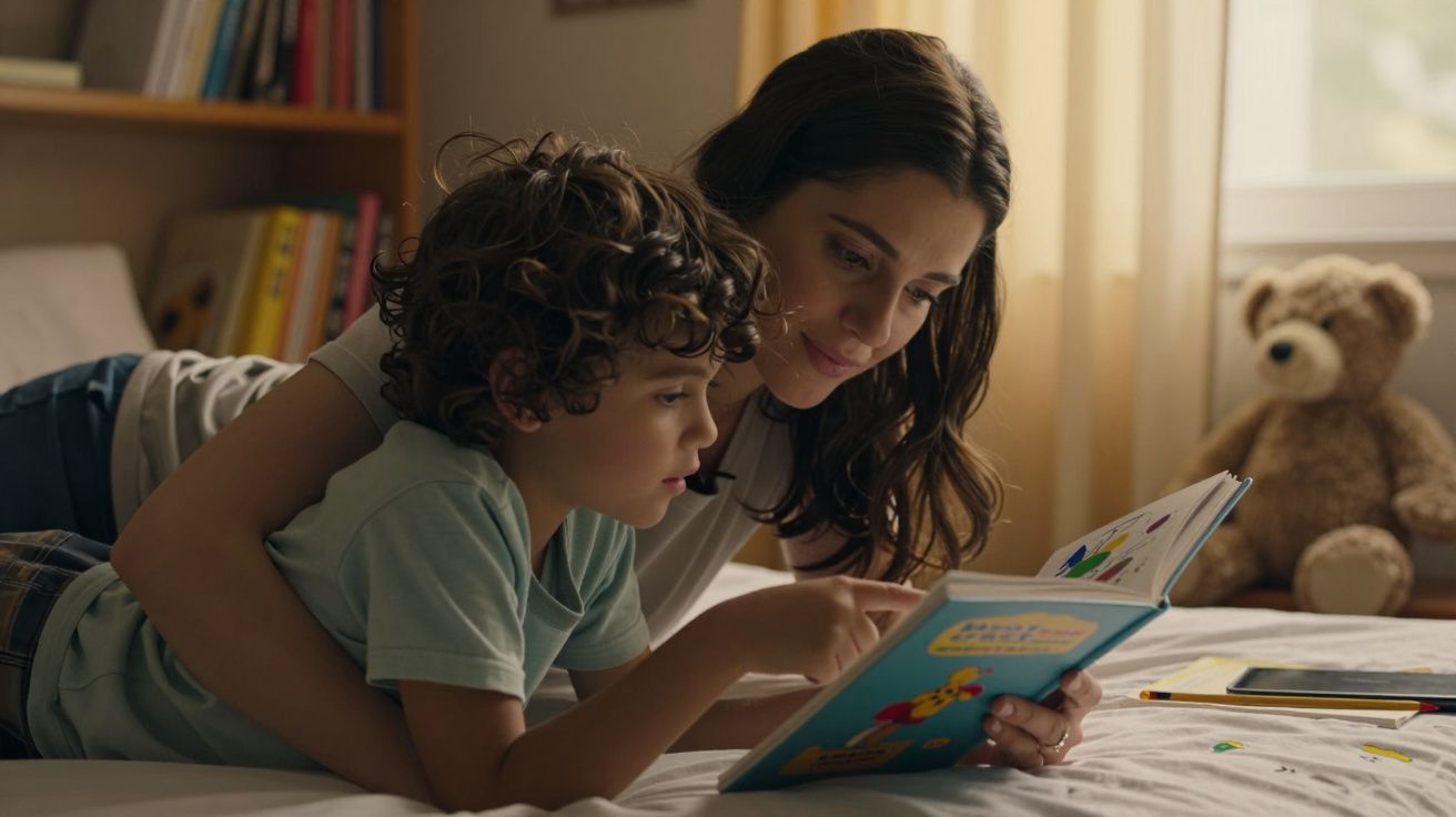 Mulher e criança leem juntos num quarto iluminado, com um urso de peluche ao fundo.