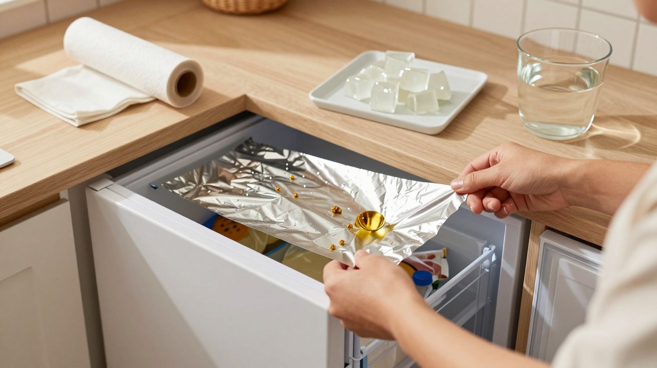 Pessoa a cobrir uma gaveta de frigorífico com folha de alumínio. Ao lado, papel de cozinha e cubos de gelo em cima da bancada