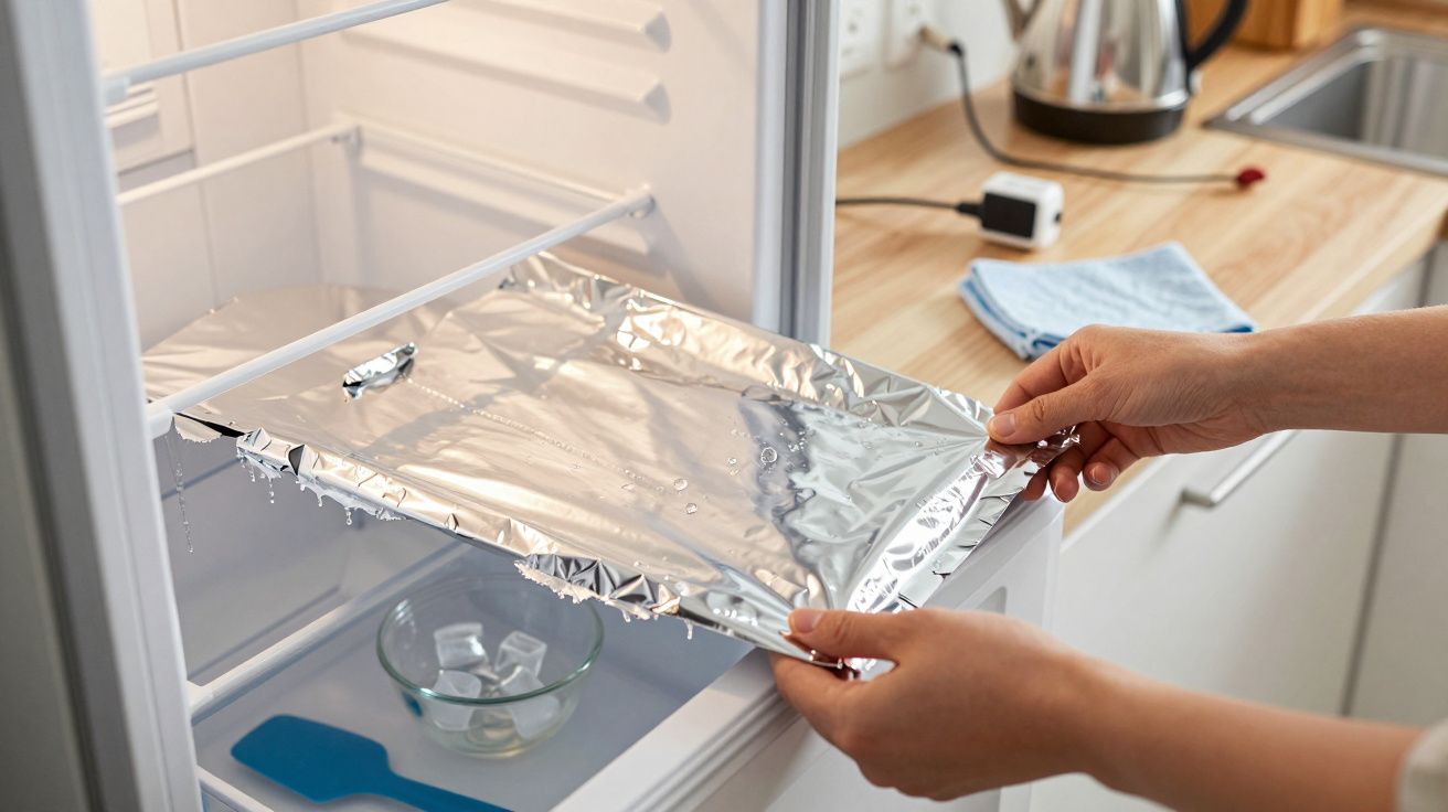 Mãos a colocar uma folha de alumínio no congelador, com uma tigela de gelo e utensílios de cozinha ao fundo.