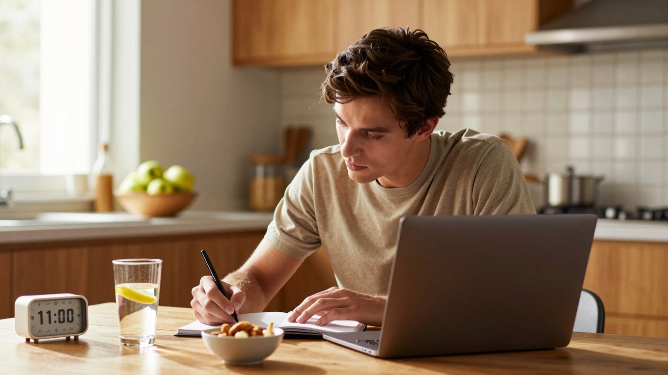 Homem escreve em caderno numa cozinha, com portátil e copo de água ao lado. Relógio marca 11:00.
