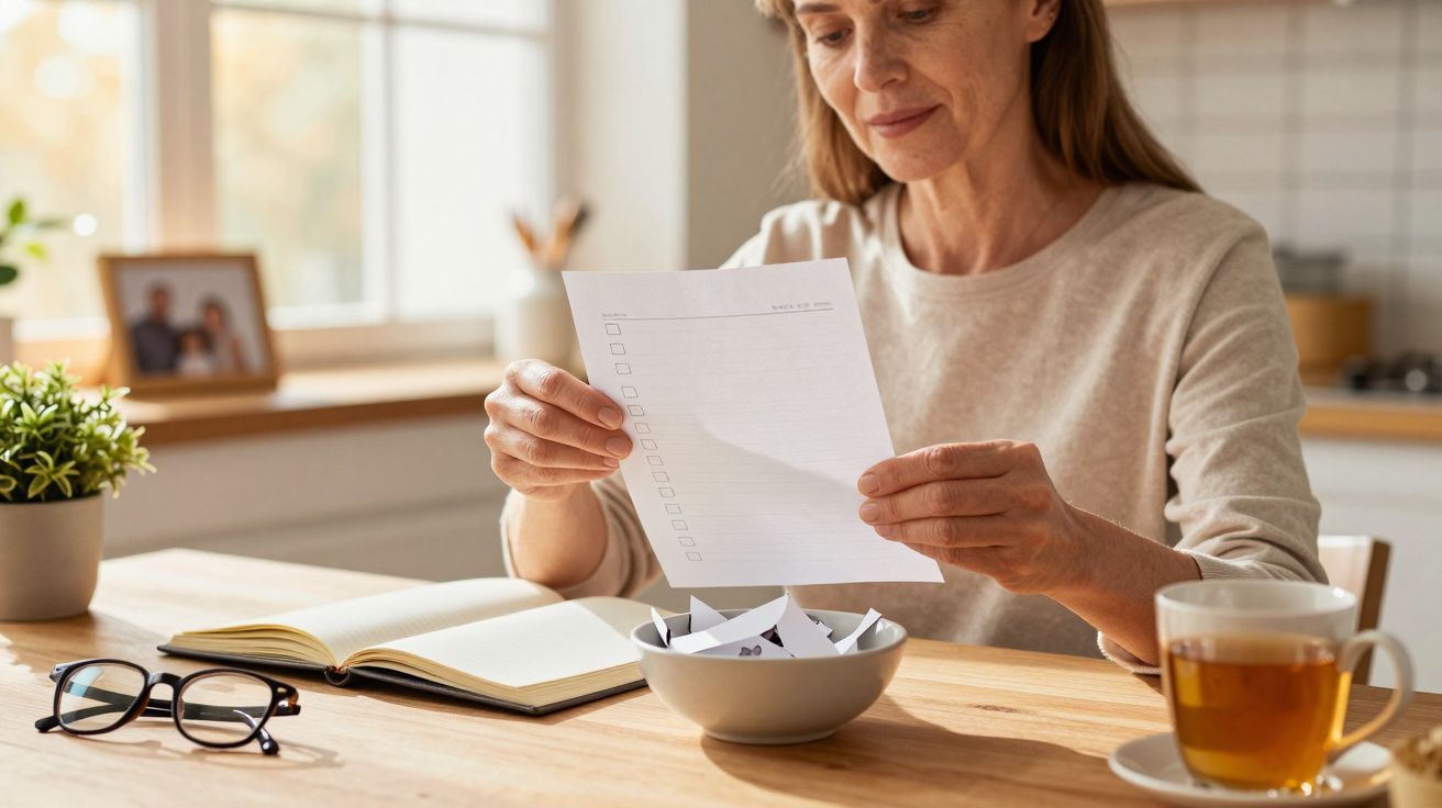 Mulher sentada à mesa, segurando papel. Ao lado, chá, óculos, bloco de notas aberto e uma taça com papéis.