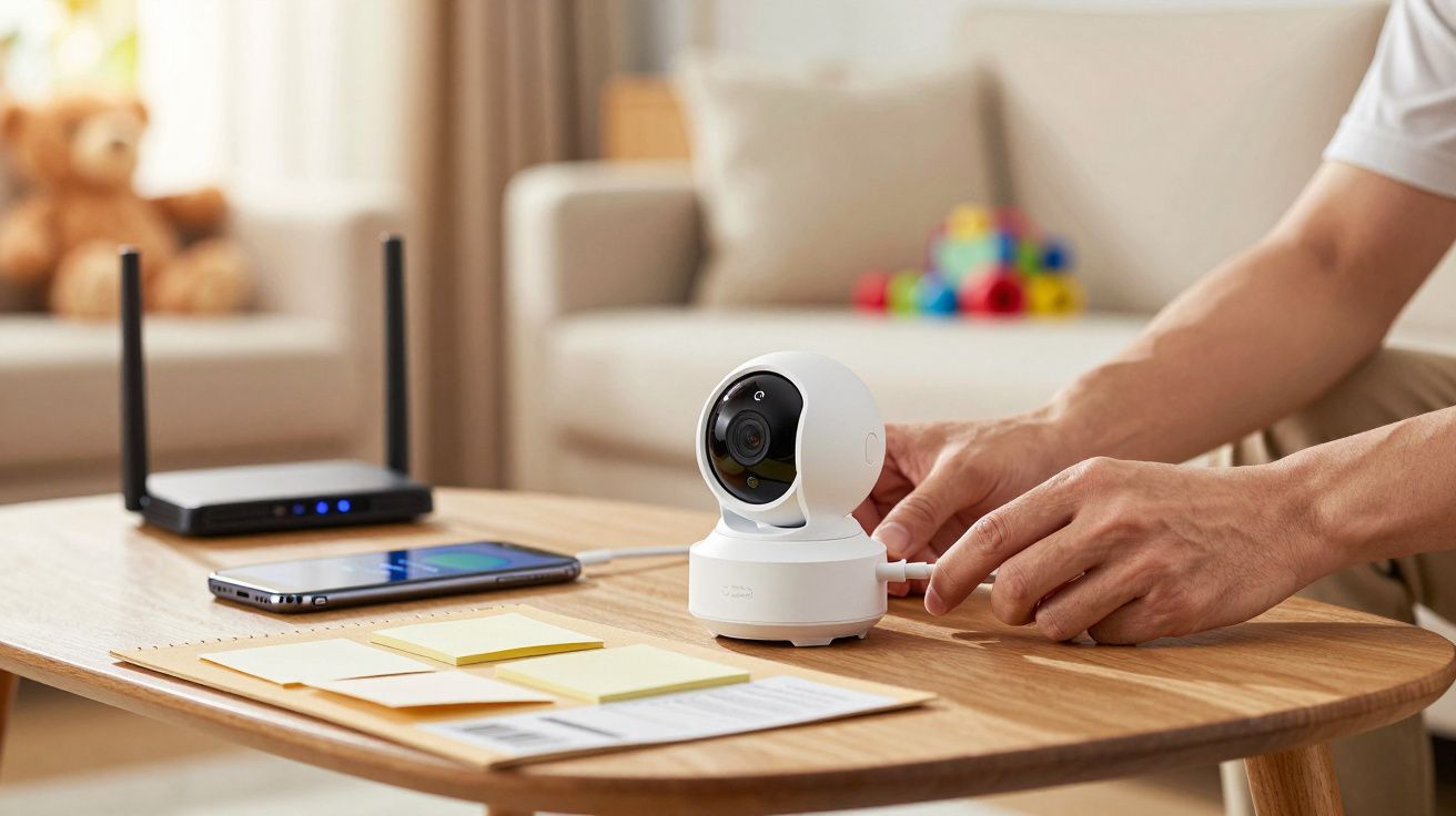 Pessoa conecta uma câmara de segurança numa mesa, perto de um telemóvel e um router.