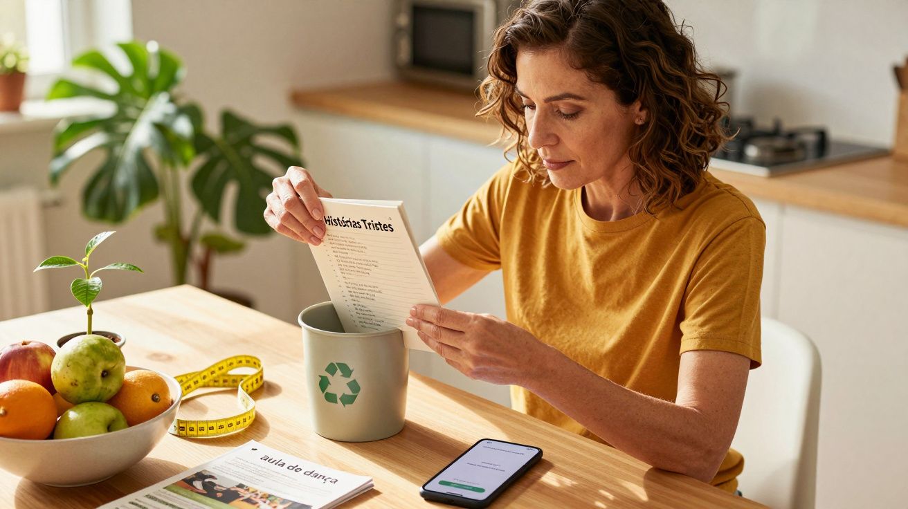 Mulher recicla papel na cozinha, com frutas e smartphone na mesa.