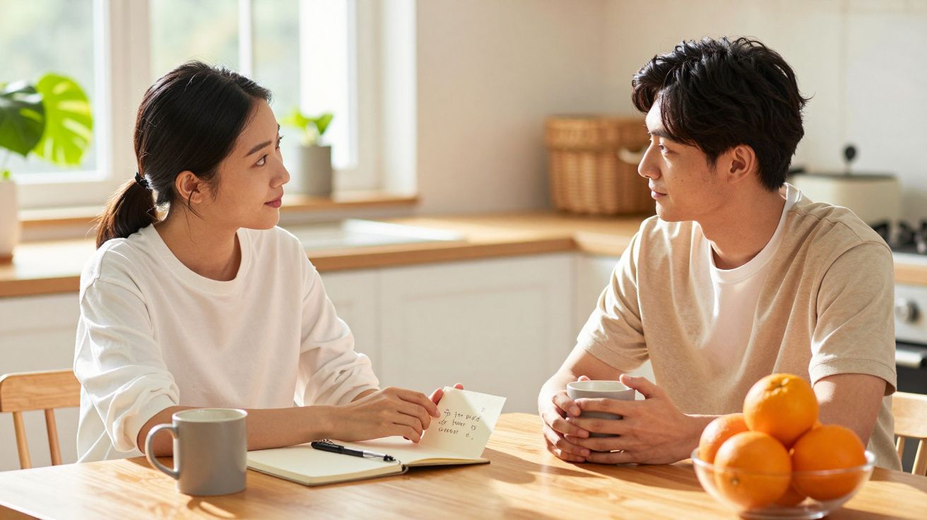 Duas pessoas conversam à mesa da cozinha, com chávenas e um caderno, rodeados por fruta e uma planta ao fundo.