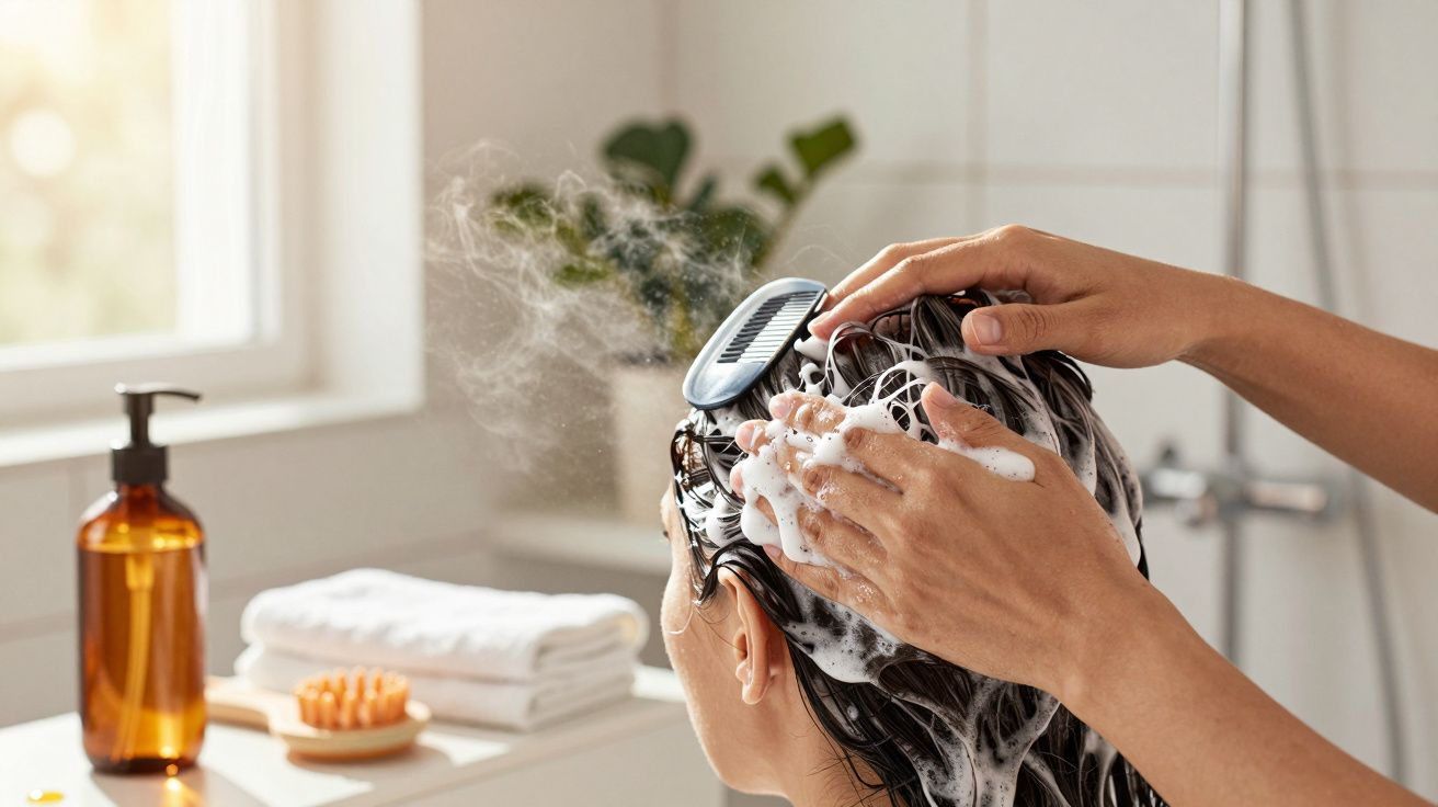 Pessoa a lavar o cabelo com pente massajador numa casa de banho iluminada, produtos e toalhas ao fundo.