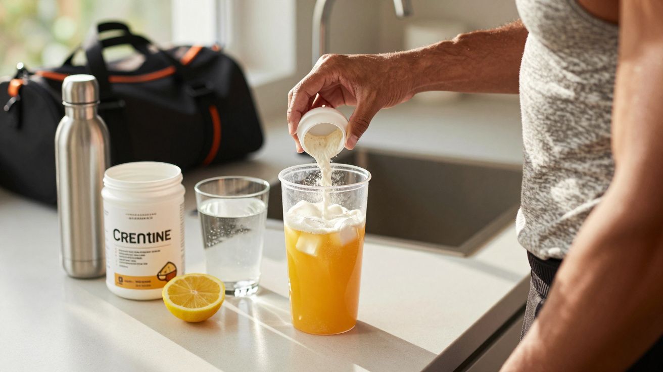 Homem adiciona creatina a uma bebida de sumo de laranja numa cozinha, com um limão cortado e água ao lado.