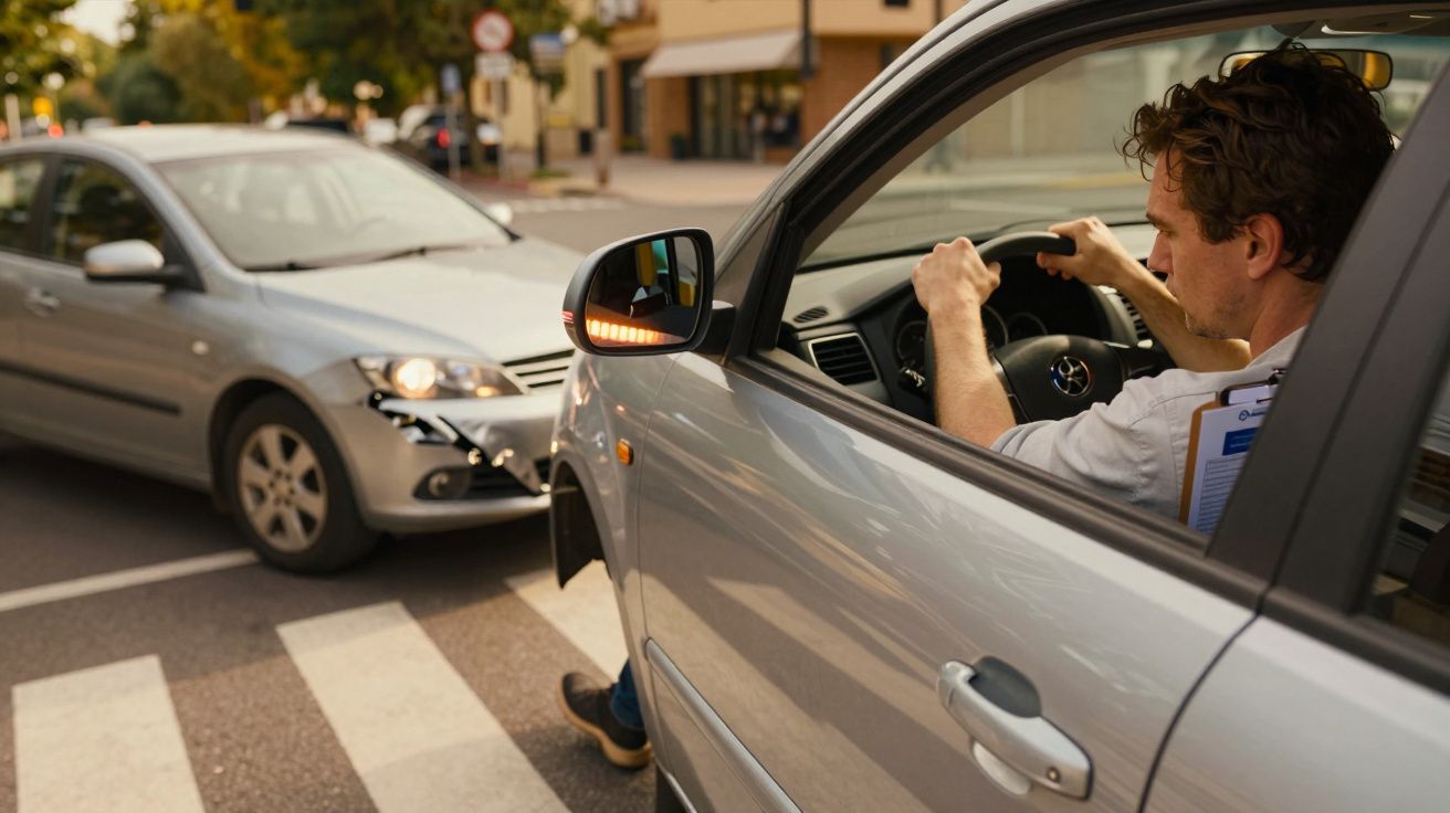 Duas viaturas colidem de frente numa estrada urbana, com um homem no carro da direita a verificar os danos.