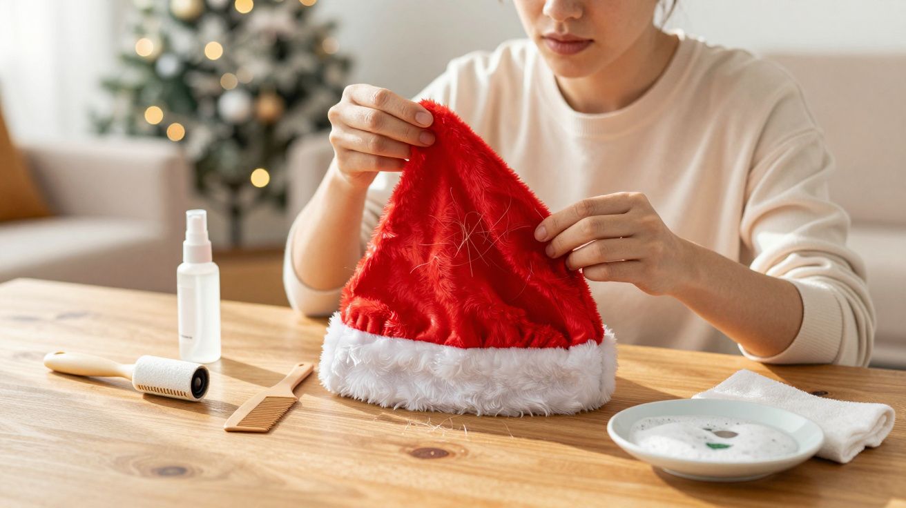 Pessoa a costurar um gorro de Natal vermelho com itens de costura, árvore de Natal ao fundo.