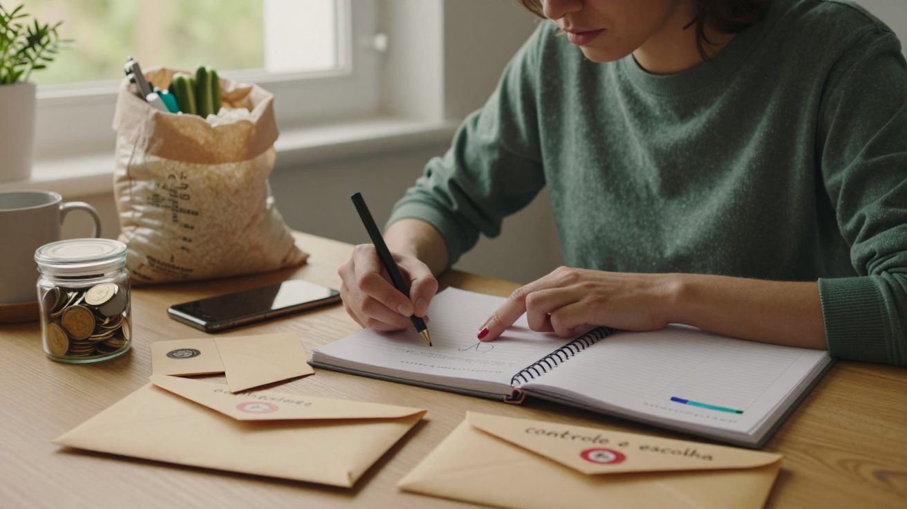 Mulher escreve em caderno numa mesa com envelopes e jarro de moedas, junto a uma janela.
