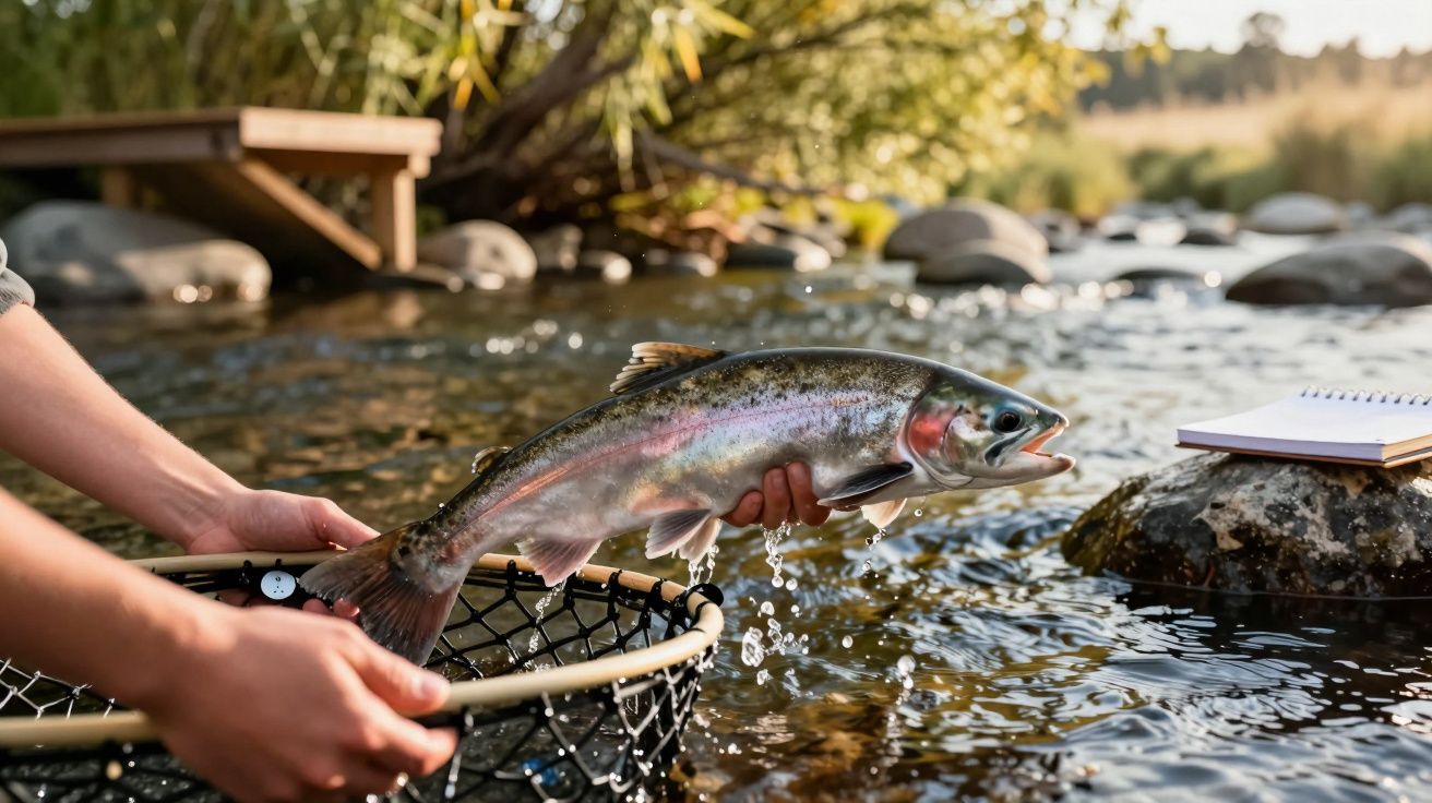Pessoa segura truta com rede em rio raso, com bloco de notas nas pedras ao fundo e vegetação nas margens.