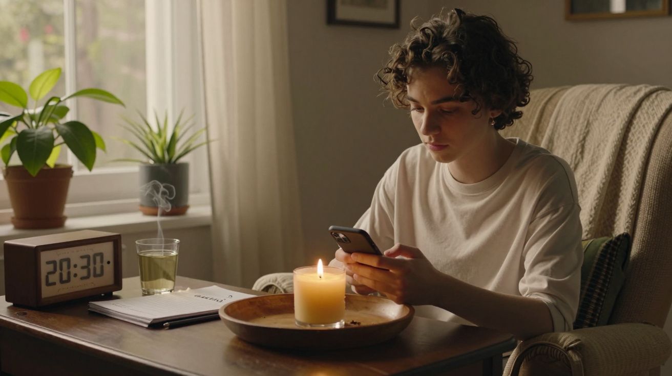 Pessoa sentada num sofá com vela acesa, relógio mostram 20:30, plantas e copo na mesa, segurando um telemóvel.