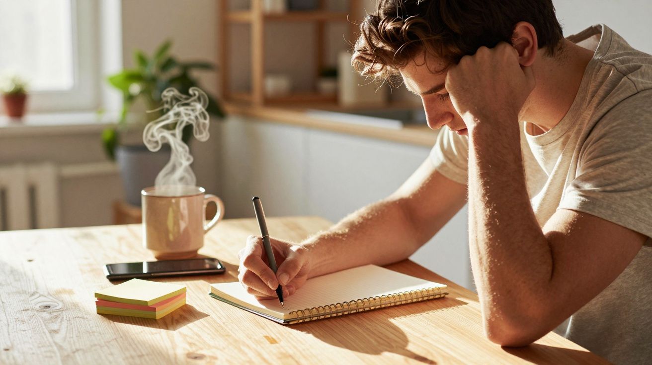 Homem escrevendo num caderno numa mesa de madeira, com um café fumegante ao lado.