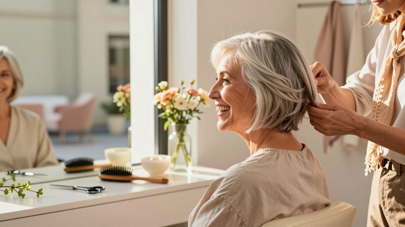 Mulher sorridente com cabelo grisalho a ser penteado num salão iluminado, flores sobre a mesa.