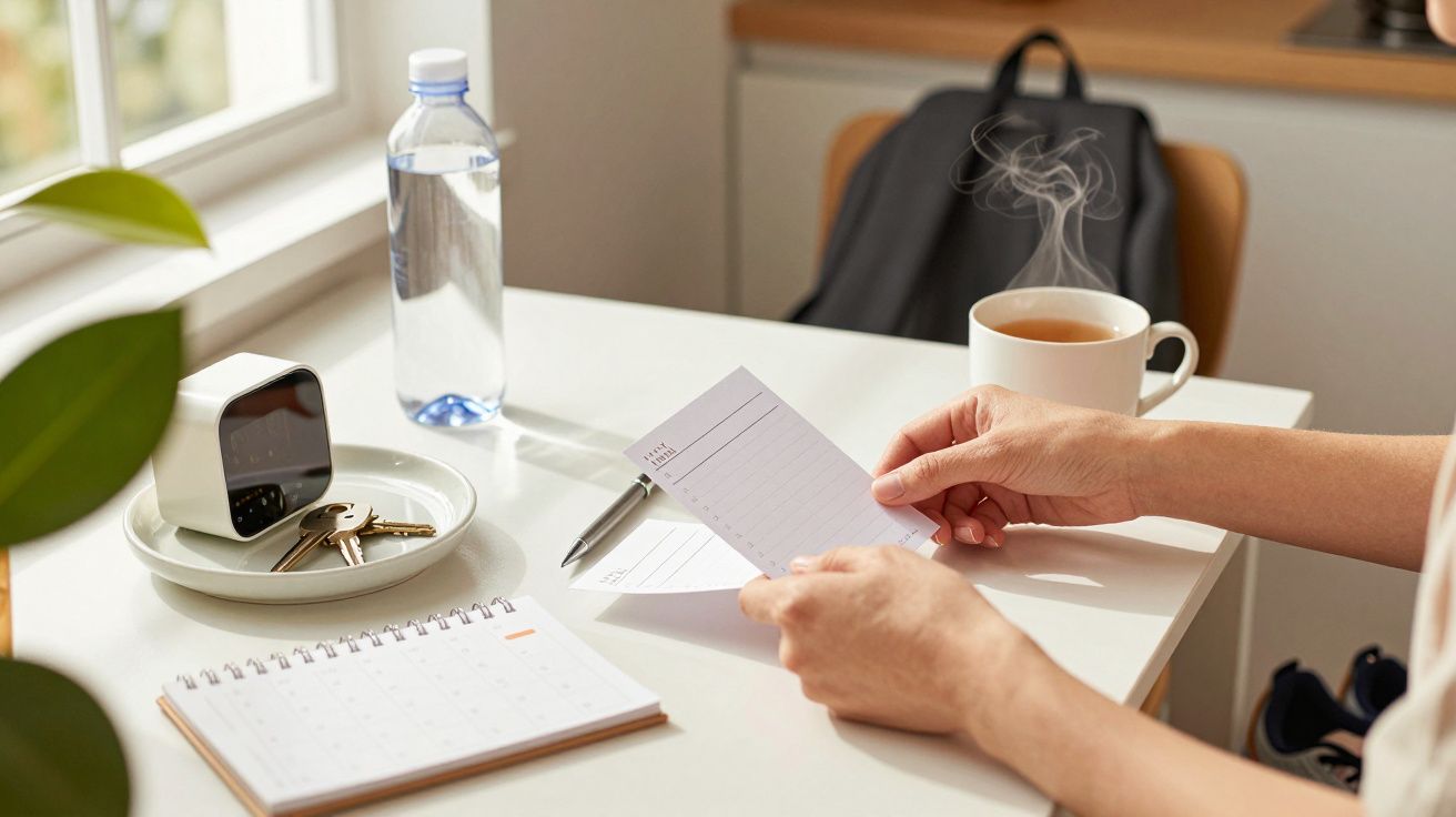 Mesa com bloco de notas, caneta, chá, garrafa de água, relógio, chaves e calendário ao lado de mochila.
