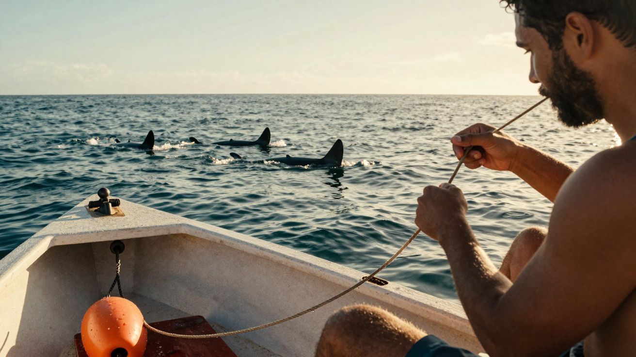 Homem num barco observa barbatanas de tubarões na água ao pôr do sol.