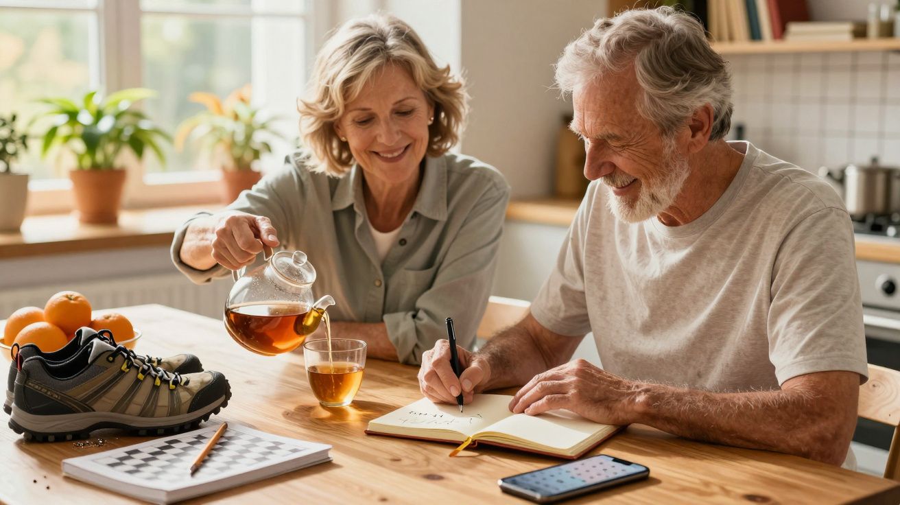 Casal sénior sorridente numa cozinha, ela serve chá enquanto ele escreve num caderno; ténis e tablet na mesa.