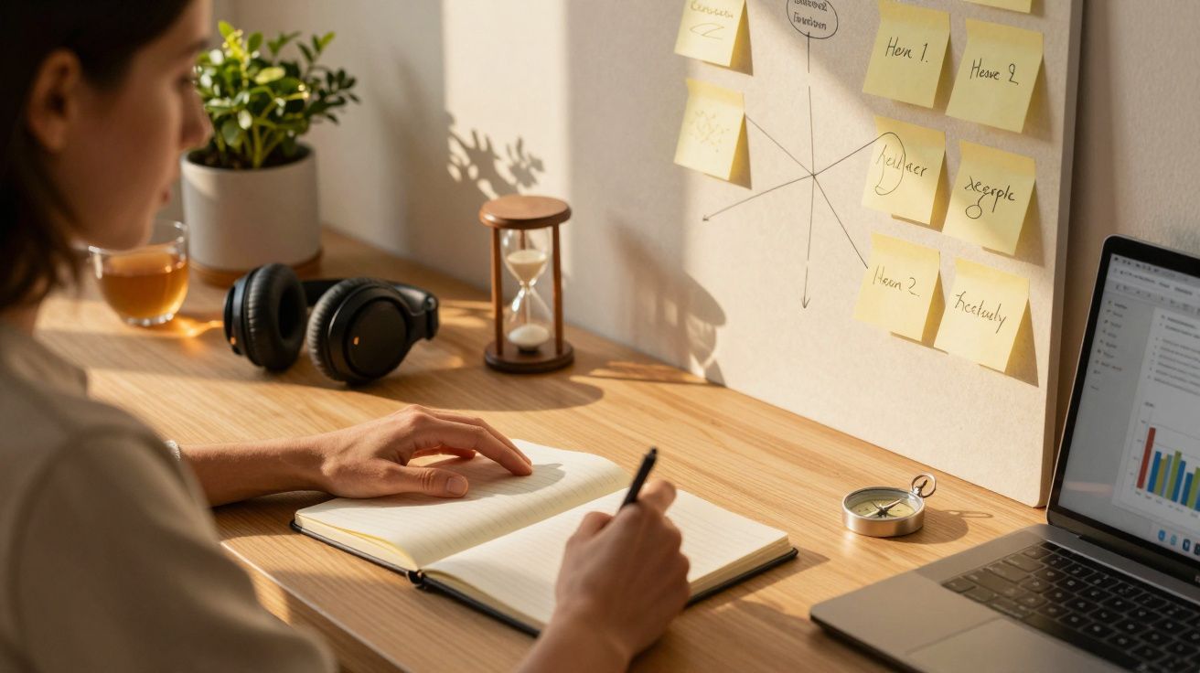 Mulher a escrever num caderno, com portátil, auriculares e ampulheta sobre a secretária, ao lado de notas autocolantes.