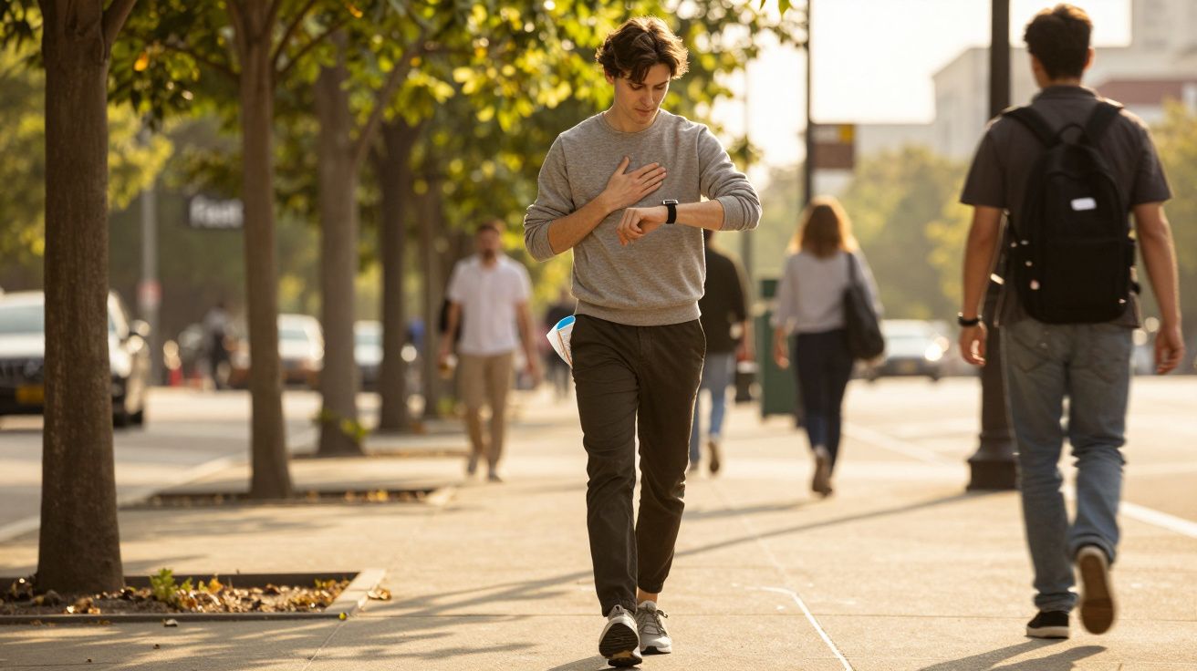 Homem a andar na rua a olhar para o relógio inteligente, numa avenida arborizada com pessoas e carros ao fundo.