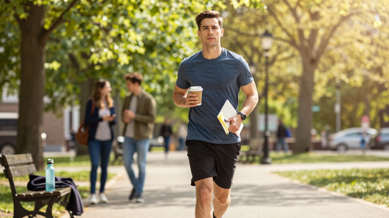 Homem a correr num parque, segurando copo de café e caderno. Árvores e pessoas ao fundo num dia ensolarado.