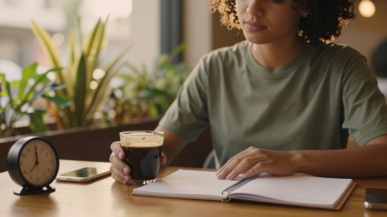 Mulher sentada à mesa com caderno aberto, segurando copo de café. Relógio e plantas ao fundo.