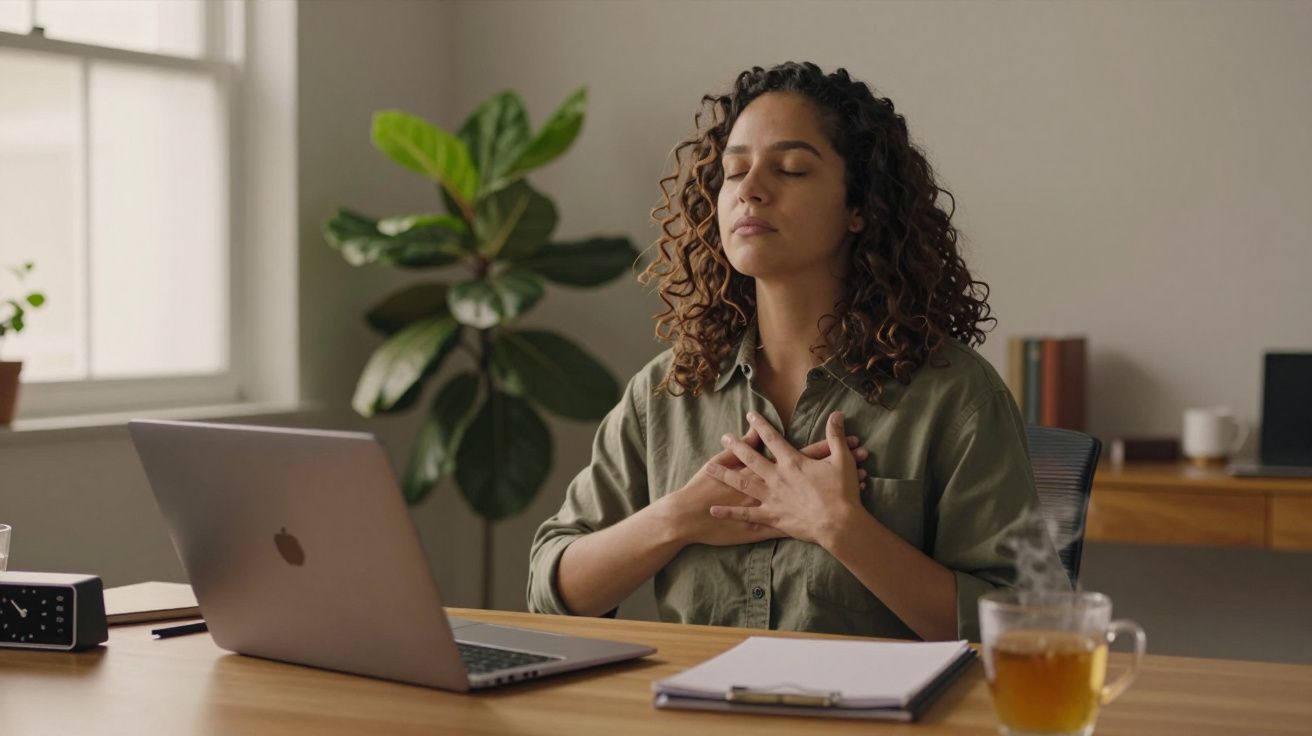 Mulher a meditar junto a um portátil numa mesa, com chá e uma planta no fundo.