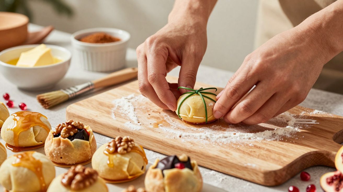 Mãos decoram bolinhos sobre uma tábua de madeira com ingredientes ao redor, como canela e nozes.