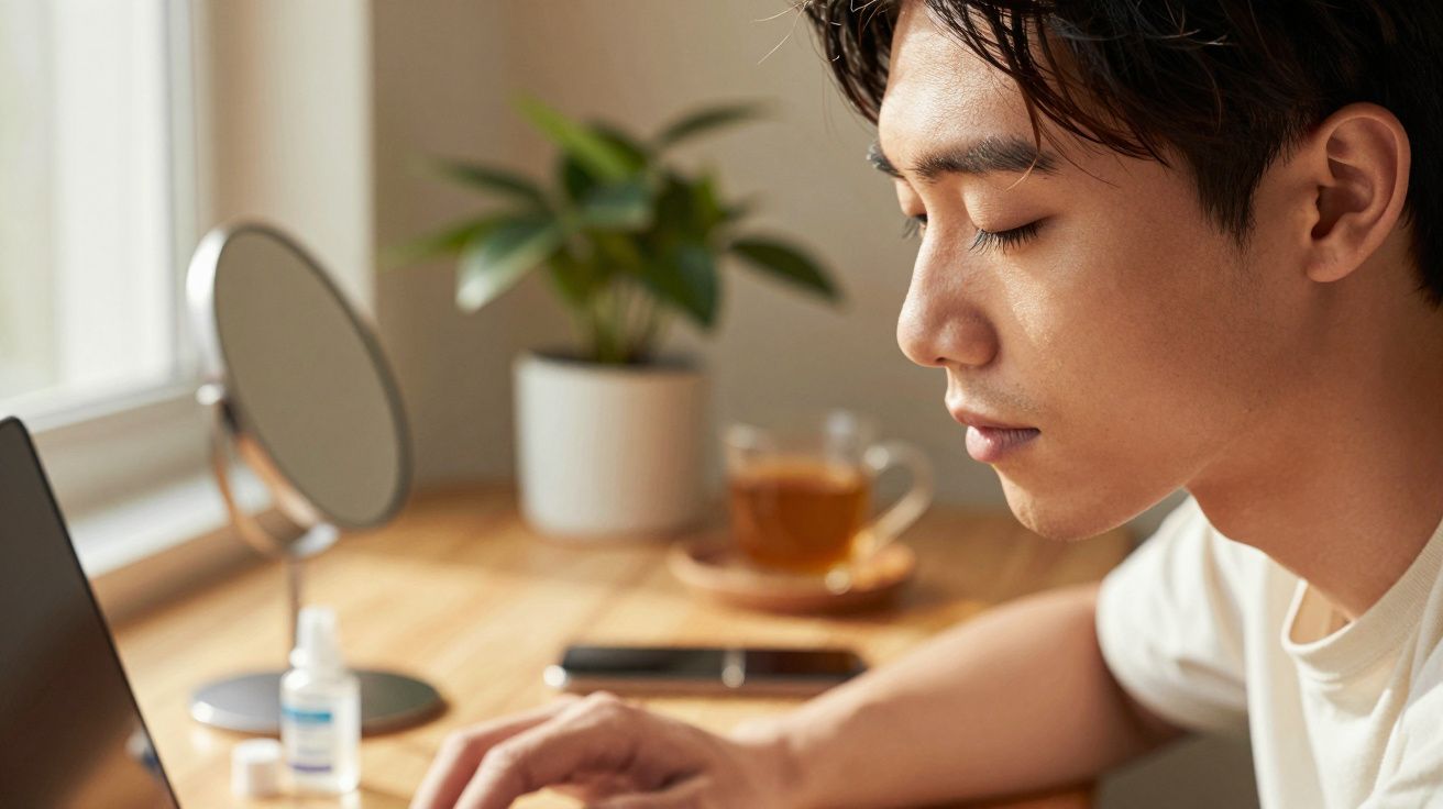 Homem concentrado a trabalhar no portátil junto a uma janela, com chá, espelho e planta sobre a mesa de madeira.