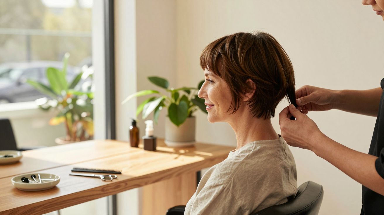 Mulher sorri enquanto cabeleireiro corta o cabelo curto num salão iluminado com plantas.