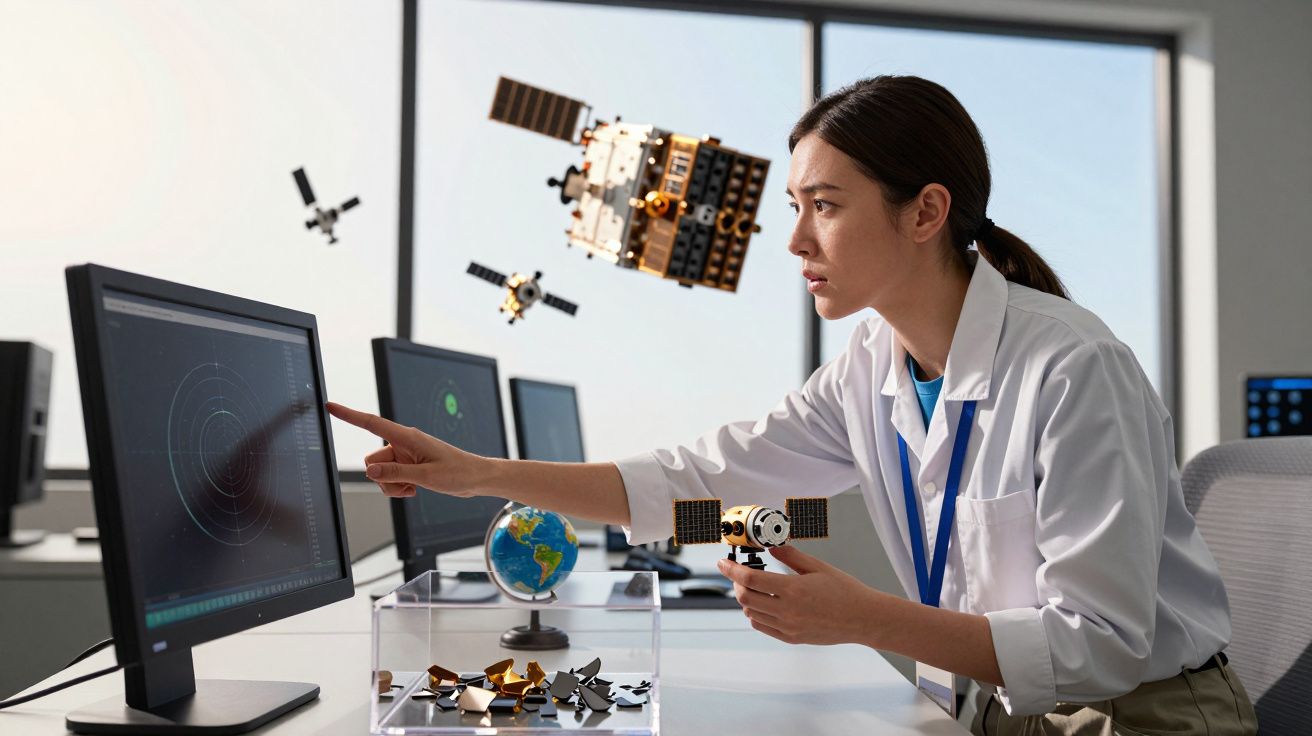 Cientista aponta para monitor com gráficos espaciais, segurando satélite em miniatura ao lado de modelos em órbita.
